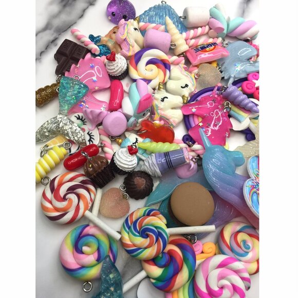 85 pc Kawaii Jewelry Charms Unicorn Rainbow Marshmallow Lollipop Keychain Charms - Picture 2 of 3